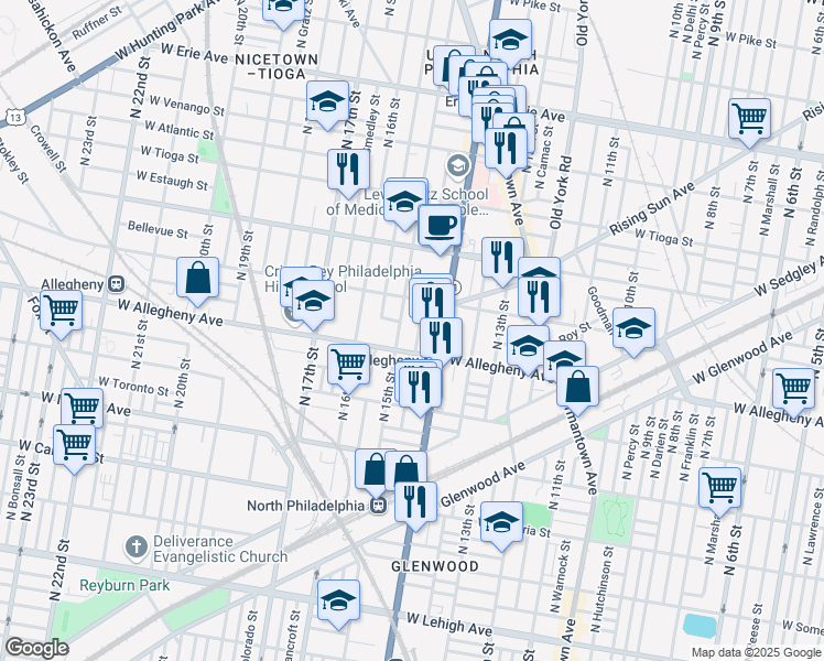 map of restaurants, bars, coffee shops, grocery stores, and more near 1511 West Allegheny Avenue in Philadelphia