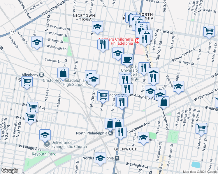 map of restaurants, bars, coffee shops, grocery stores, and more near in Philadelphia