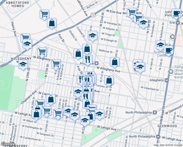 map of restaurants, bars, coffee shops, grocery stores, and more near 3108 North 22nd Street in Philadelphia