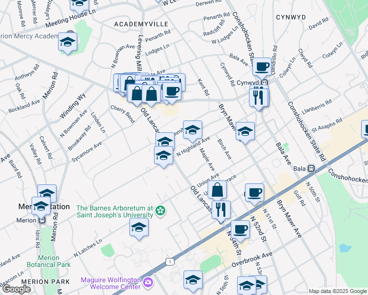 map of restaurants, bars, coffee shops, grocery stores, and more near 150 North Highland Avenue in Bala Cynwyd
