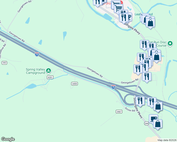 map of restaurants, bars, coffee shops, grocery stores, and more near Interstate 70 in Cambridge