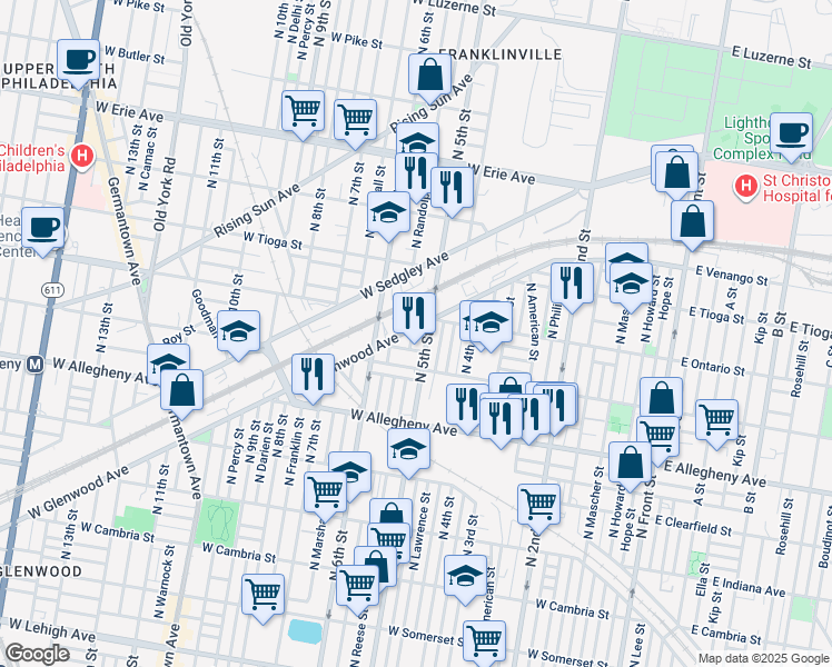 map of restaurants, bars, coffee shops, grocery stores, and more near 3343 North Reese Street in Philadelphia