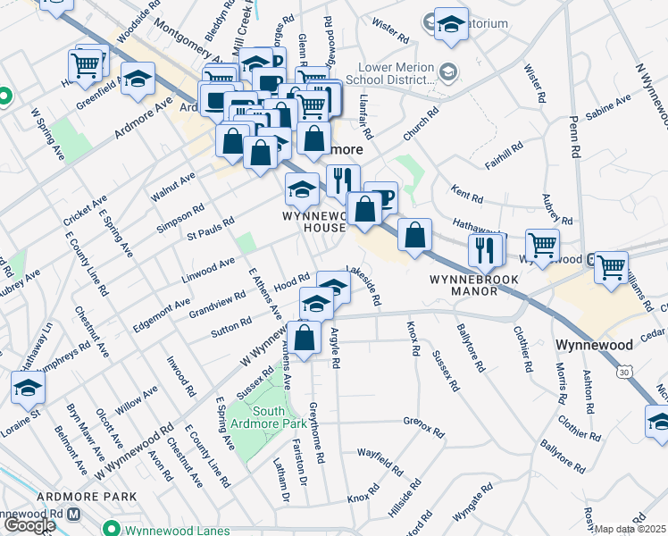 map of restaurants, bars, coffee shops, grocery stores, and more near 190 Lakeside Road in Ardmore