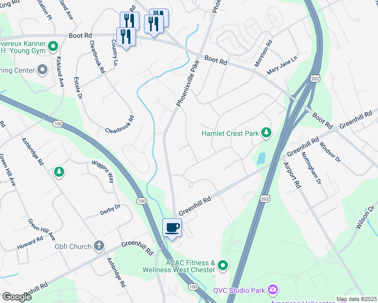 map of restaurants, bars, coffee shops, grocery stores, and more near 1212 Gail Road in West Chester