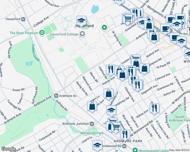 map of restaurants, bars, coffee shops, grocery stores, and more near 2921 Morris Road in Ardmore