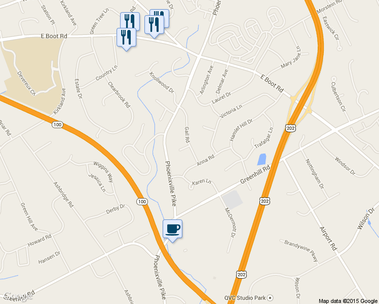 map of restaurants, bars, coffee shops, grocery stores, and more near 1212 Gail Road in West Chester
