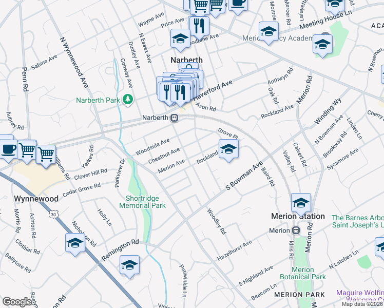 map of restaurants, bars, coffee shops, grocery stores, and more near 212 Merion Avenue in Merion Station