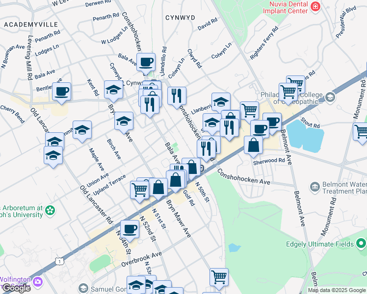 map of restaurants, bars, coffee shops, grocery stores, and more near 27 Bala Avenue in Bala Cynwyd