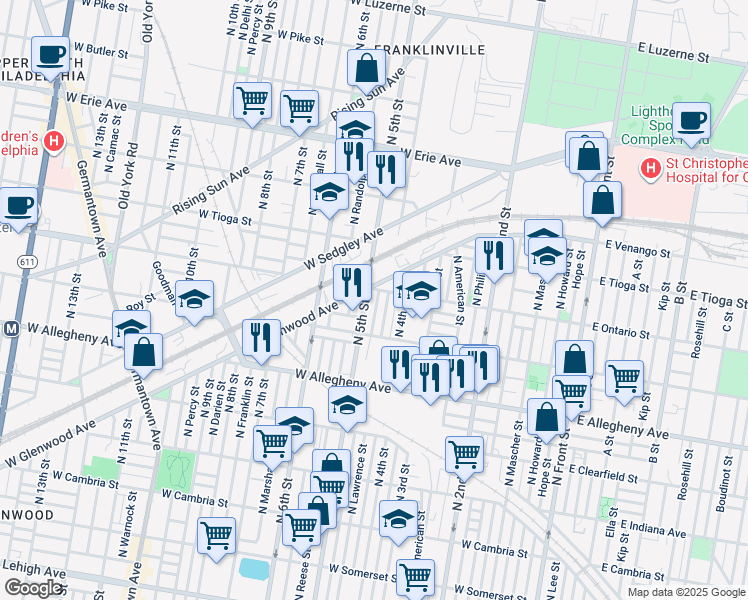 map of restaurants, bars, coffee shops, grocery stores, and more near 3352 North Orkney Street in Philadelphia