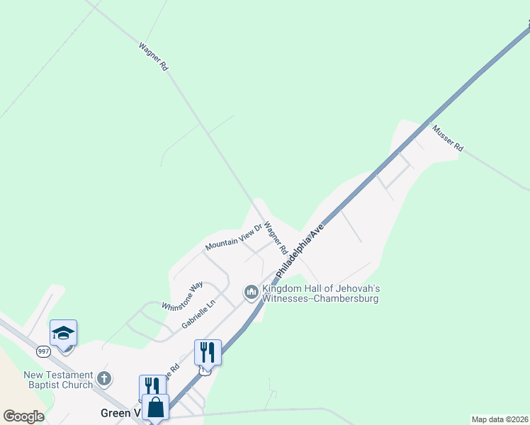 map of restaurants, bars, coffee shops, grocery stores, and more near 6261 Mountain View Drive in Chambersburg