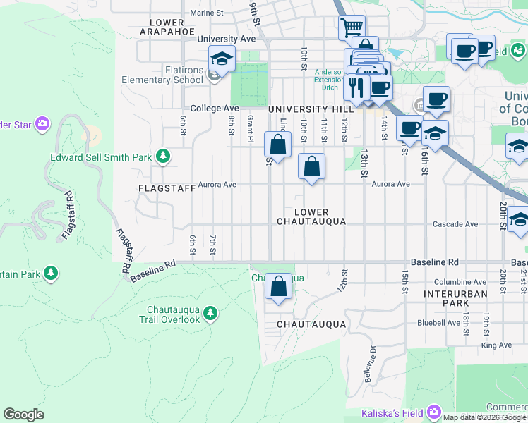 map of restaurants, bars, coffee shops, grocery stores, and more near 875 Cascade Avenue in Boulder