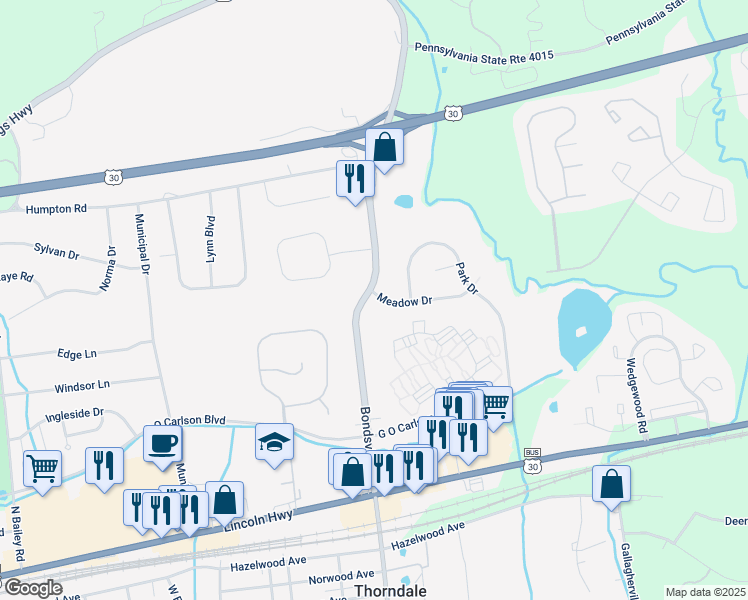 map of restaurants, bars, coffee shops, grocery stores, and more near 200 Meadow Drive in Downingtown