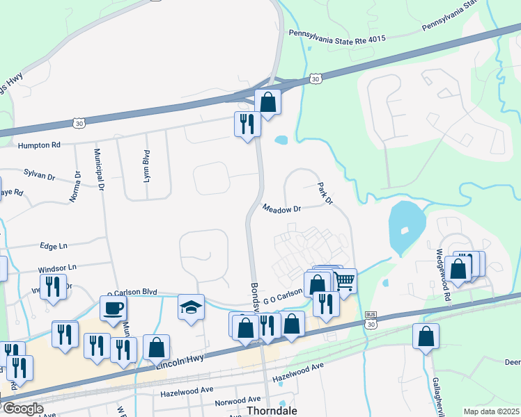 map of restaurants, bars, coffee shops, grocery stores, and more near 200 Meadow Drive in Downingtown