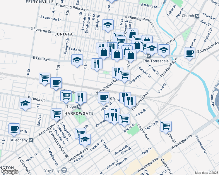 map of restaurants, bars, coffee shops, grocery stores, and more near 3675 Kensington Avenue in Philadelphia