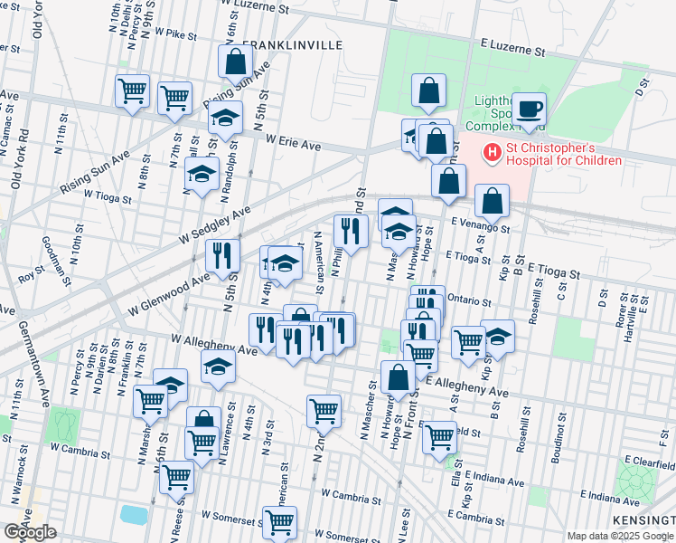 map of restaurants, bars, coffee shops, grocery stores, and more near 3411 North Philip Street in Philadelphia