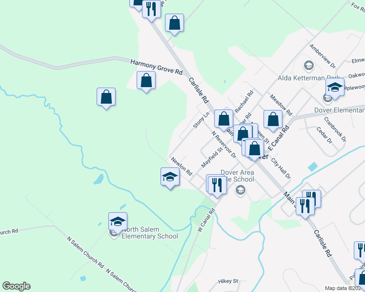 map of restaurants, bars, coffee shops, grocery stores, and more near 31 Stony Lane in Dover