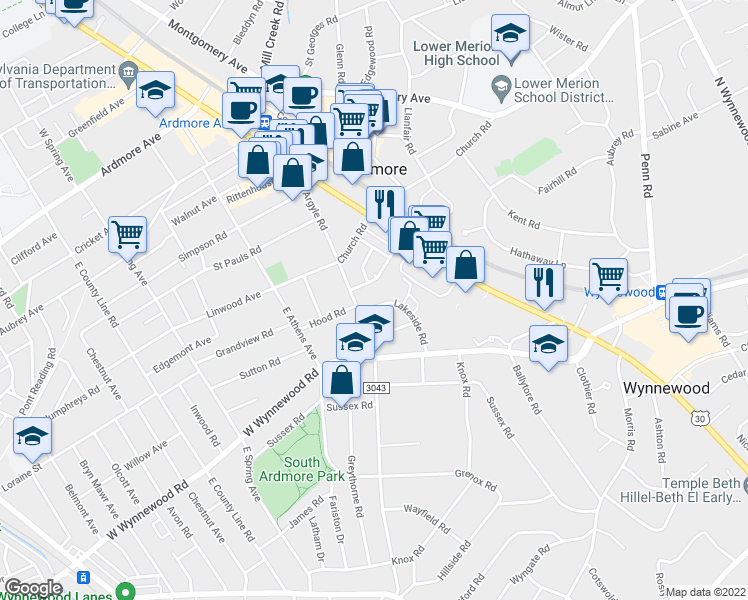 map of restaurants, bars, coffee shops, grocery stores, and more near 190 Lakeside Road in Ardmore