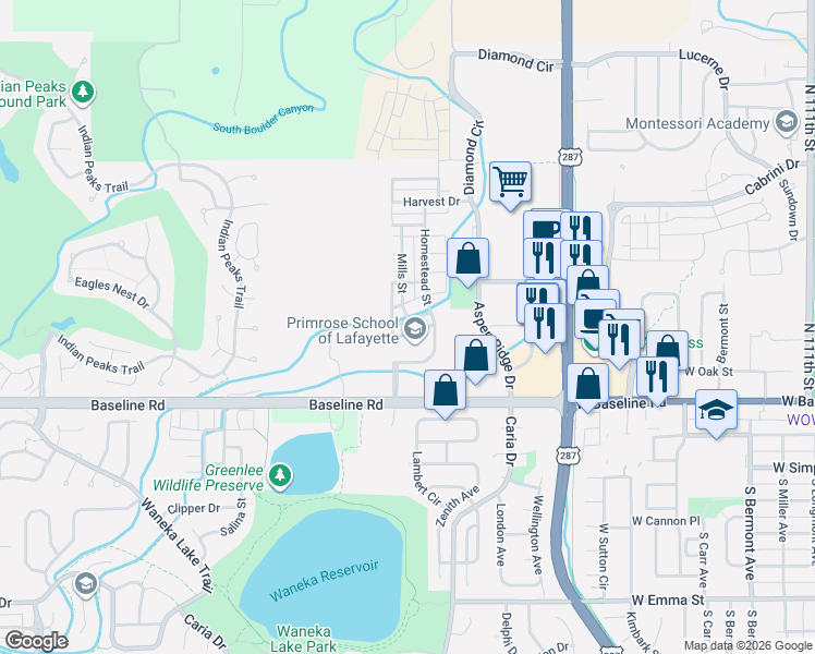 map of restaurants, bars, coffee shops, grocery stores, and more near 1558 Cottonwood Avenue in Lafayette