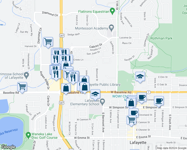 map of restaurants, bars, coffee shops, grocery stores, and more near 500 Wilson Street in Lafayette