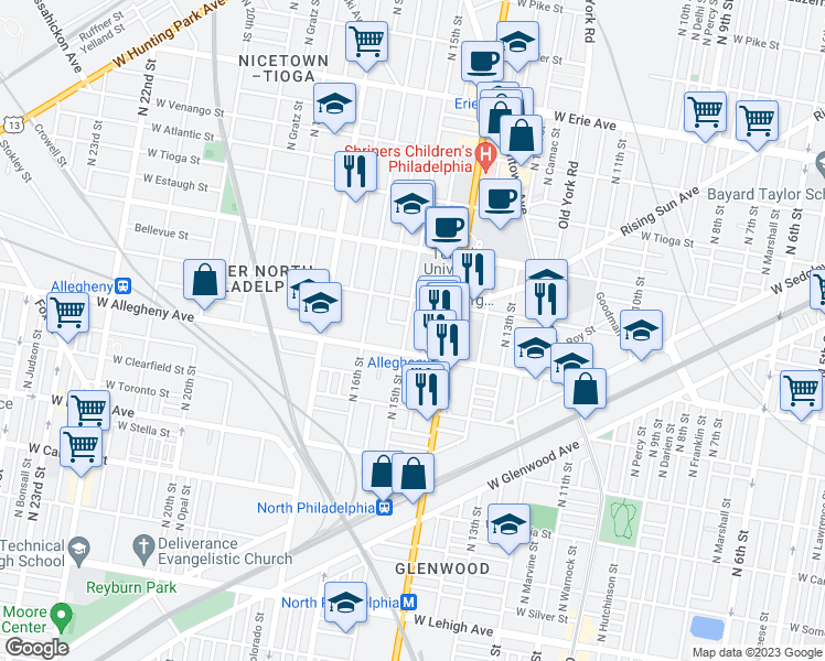 map of restaurants, bars, coffee shops, grocery stores, and more near 3223 N 15th St in Philadelphia