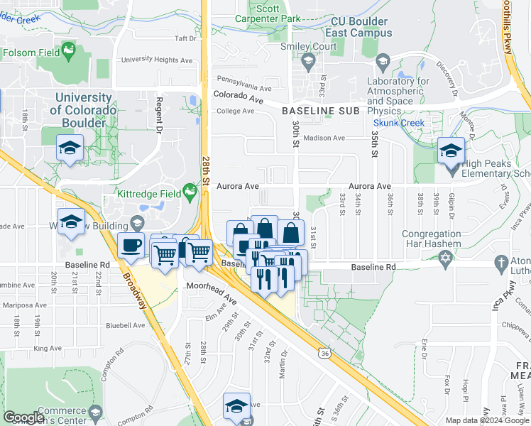 map of restaurants, bars, coffee shops, grocery stores, and more near 2950 Bixby Lane in Boulder