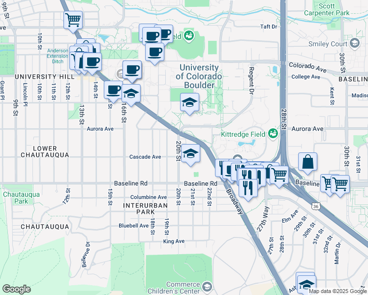 map of restaurants, bars, coffee shops, grocery stores, and more near 812 20th Street in Boulder