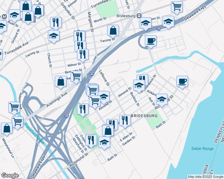 map of restaurants, bars, coffee shops, grocery stores, and more near 2531 Lefevre St in Philadelphia