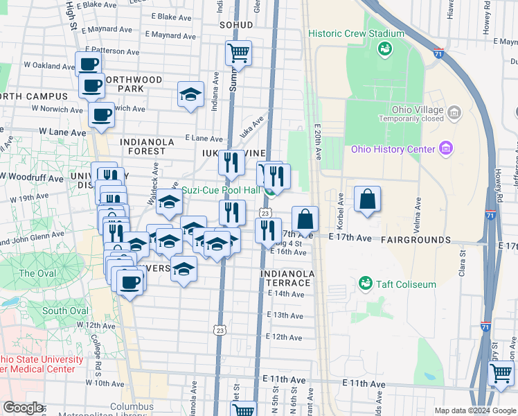 map of restaurants, bars, coffee shops, grocery stores, and more near 352 East 18th Avenue in Columbus