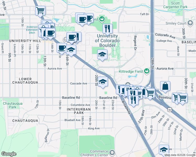 map of restaurants, bars, coffee shops, grocery stores, and more near 812 20th Street in Boulder