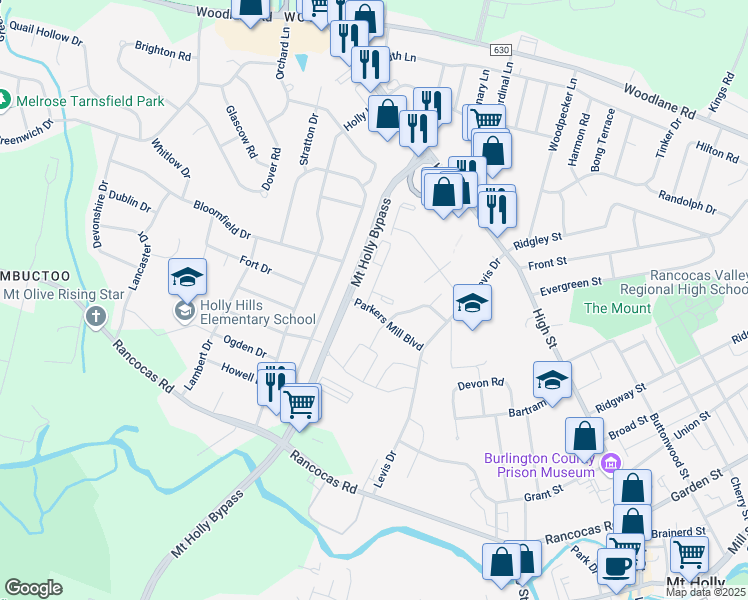 map of restaurants, bars, coffee shops, grocery stores, and more near 1 Kirby Court in Mount Holly