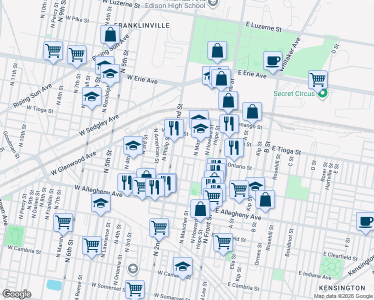 map of restaurants, bars, coffee shops, grocery stores, and more near 190 West Ontario Street in Philadelphia