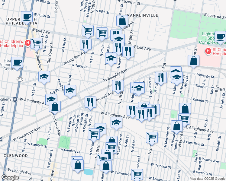map of restaurants, bars, coffee shops, grocery stores, and more near 537 West Glenwood Avenue in Philadelphia