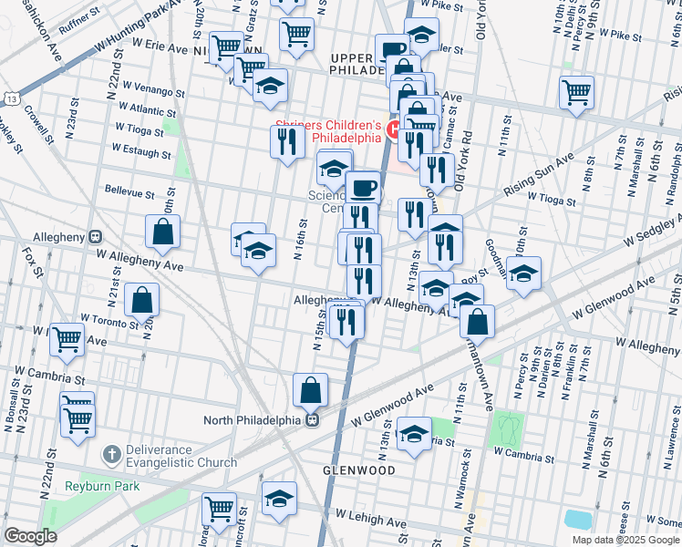 map of restaurants, bars, coffee shops, grocery stores, and more near 3224 North Carlisle Street in Philadelphia