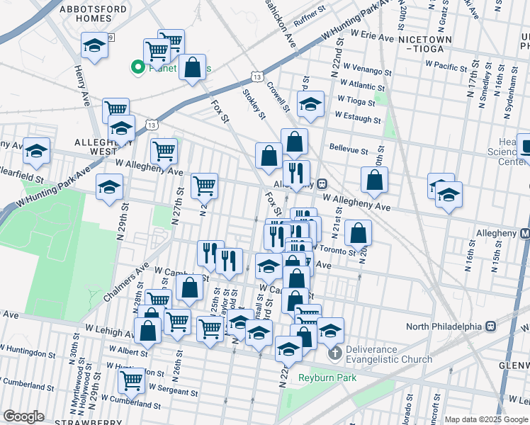 map of restaurants, bars, coffee shops, grocery stores, and more near 2400 West Clearfield Street in Philadelphia