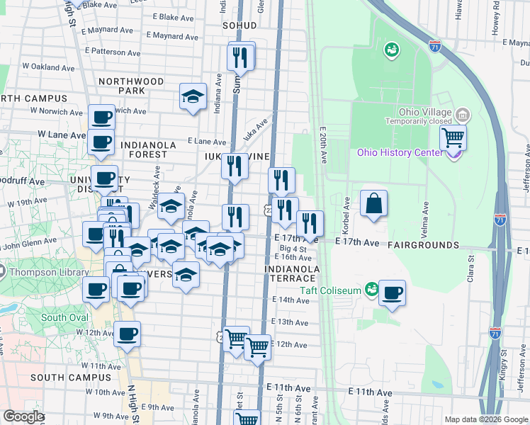 map of restaurants, bars, coffee shops, grocery stores, and more near 356 East 18th Avenue in Columbus