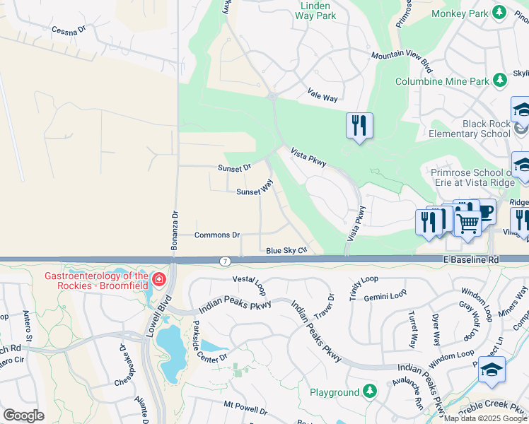 map of restaurants, bars, coffee shops, grocery stores, and more near 2955 Blue sky Circle in Erie
