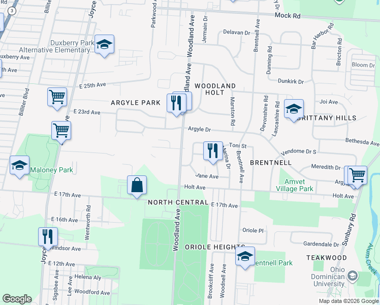 map of restaurants, bars, coffee shops, grocery stores, and more near 1662 Geraldine Avenue in Columbus