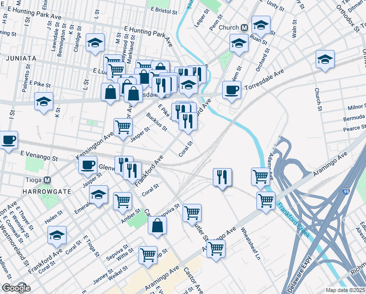 map of restaurants, bars, coffee shops, grocery stores, and more near 2030 Buckius Street in Philadelphia