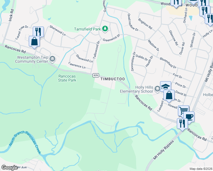 map of restaurants, bars, coffee shops, grocery stores, and more near 8 Blue Jay Hill Road in Westampton