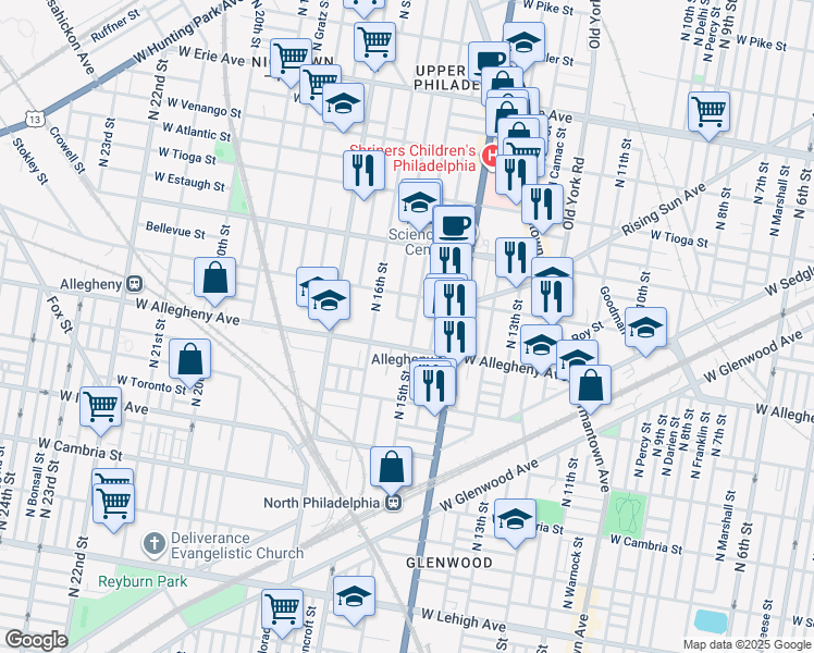 map of restaurants, bars, coffee shops, grocery stores, and more near 3220 North 15th Street in Philadelphia