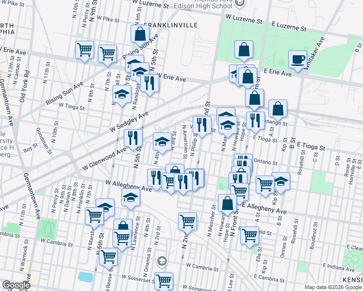 map of restaurants, bars, coffee shops, grocery stores, and more near 3356 North Philip Street in Philadelphia