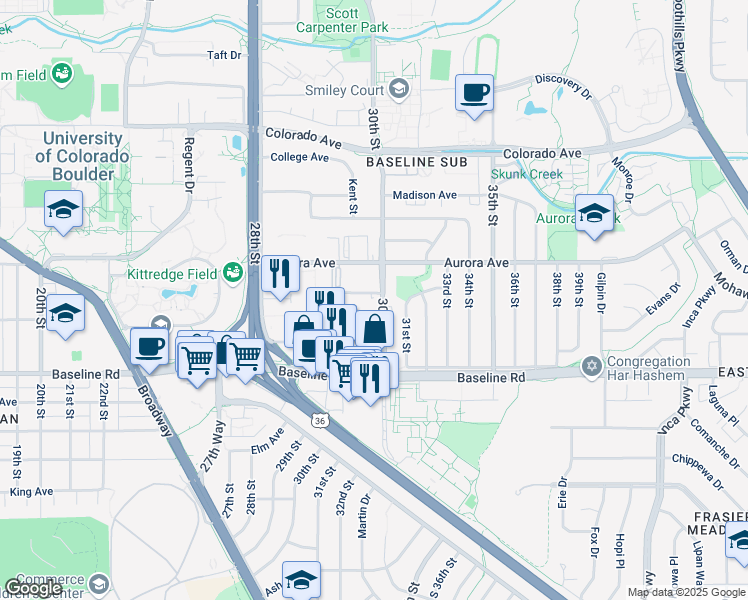map of restaurants, bars, coffee shops, grocery stores, and more near 775 30th Street in Boulder