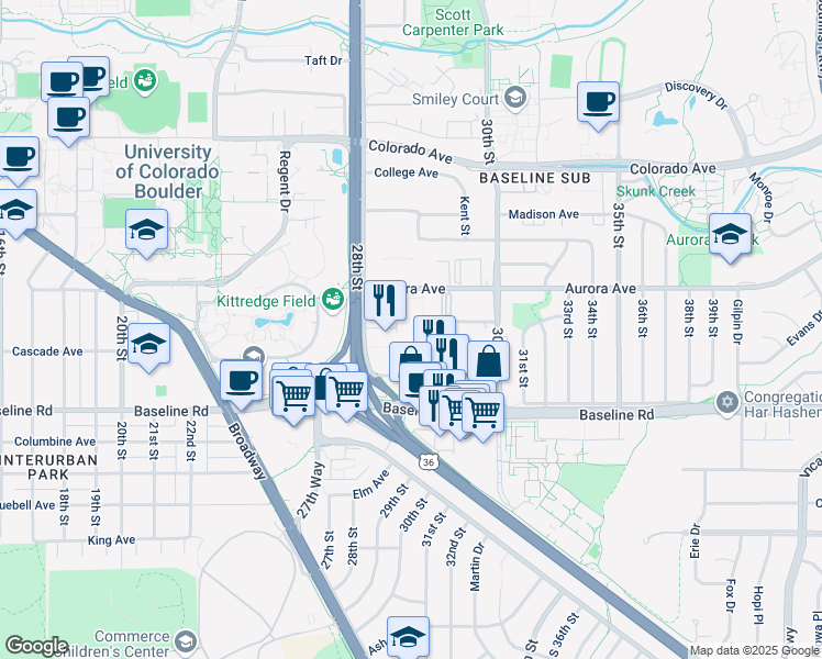 map of restaurants, bars, coffee shops, grocery stores, and more near 805 29th Street in Boulder