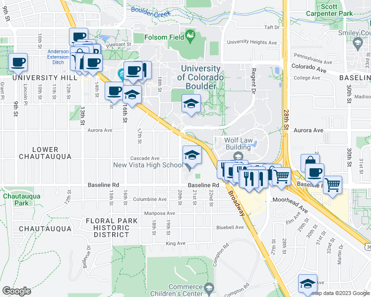 map of restaurants, bars, coffee shops, grocery stores, and more near 812 20th Street in Boulder