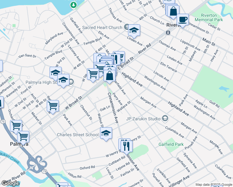 map of restaurants, bars, coffee shops, grocery stores, and more near 720 Parry Avenue in Palmyra