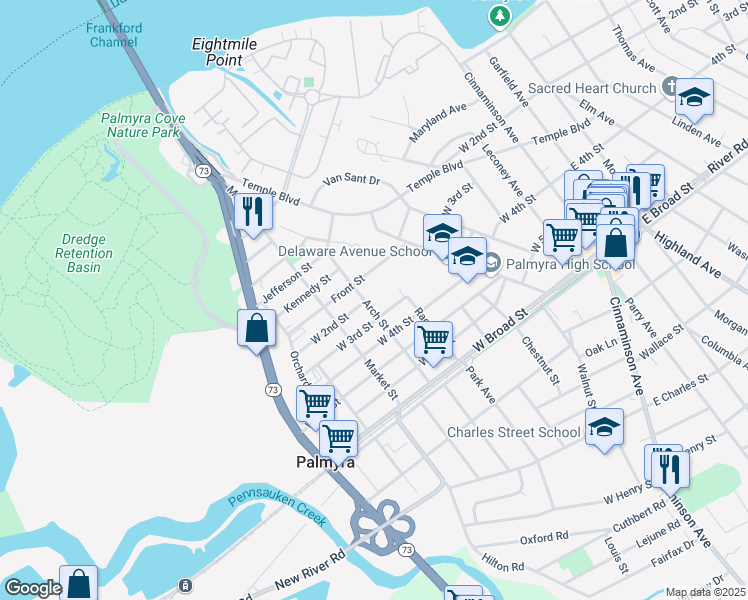 map of restaurants, bars, coffee shops, grocery stores, and more near 2ND Arch Street in Palmyra