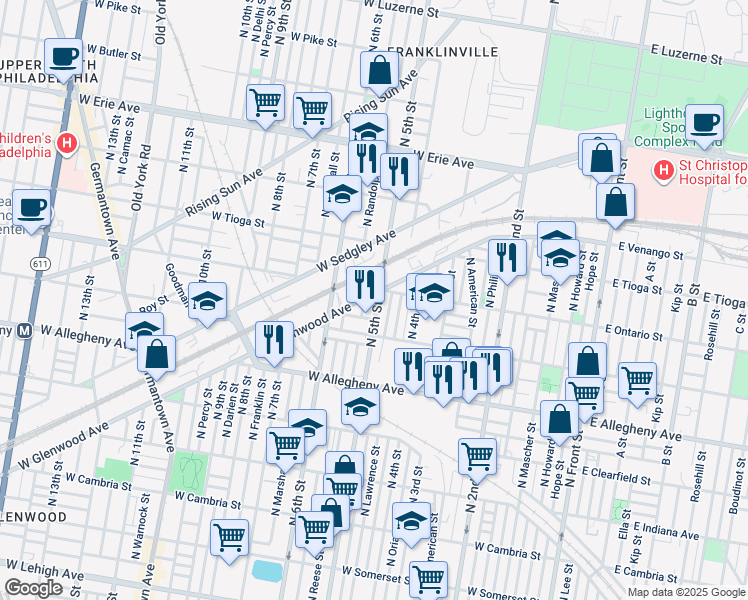 map of restaurants, bars, coffee shops, grocery stores, and more near 3321 North Reese Street in Philadelphia