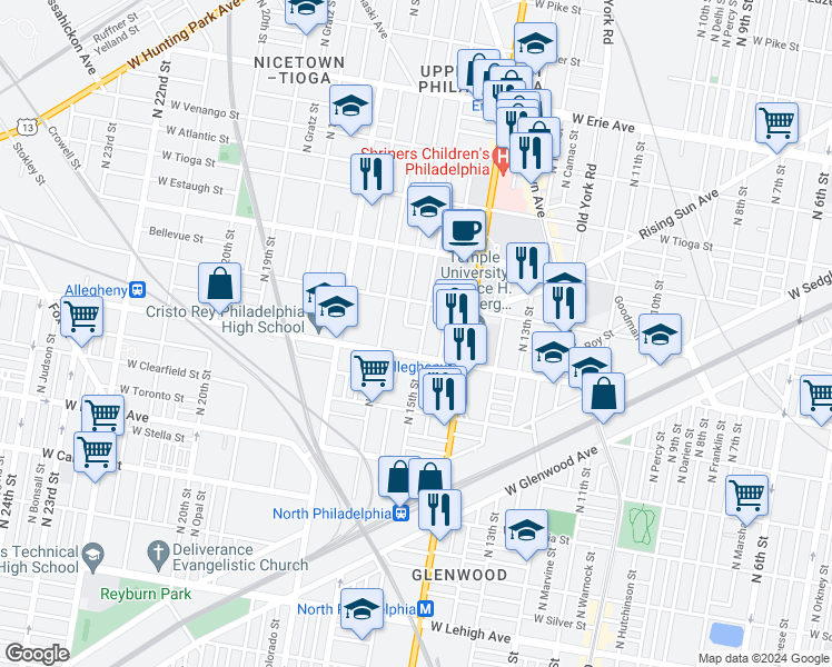 map of restaurants, bars, coffee shops, grocery stores, and more near 1511 West Allegheny Avenue in Philadelphia
