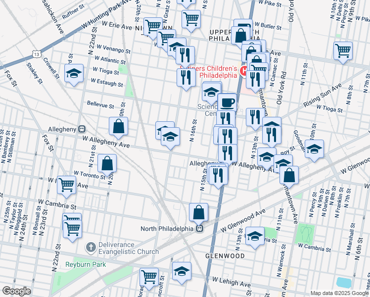map of restaurants, bars, coffee shops, grocery stores, and more near 1605 West Allegheny Avenue in Philadelphia