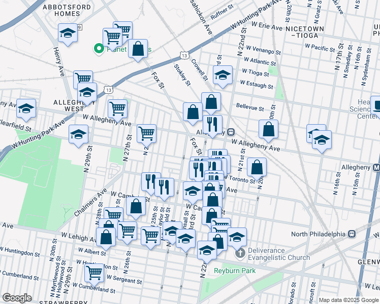 map of restaurants, bars, coffee shops, grocery stores, and more near 2400 West Clearfield Street in Philadelphia
